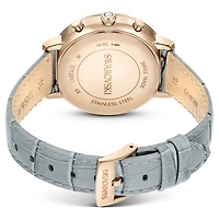 Matrix tennis chrono watch, Swiss Made, Leather strap, Grey, Champagne gold-tone finish by SWAROVSKI