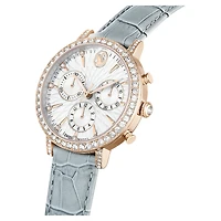 Matrix tennis chrono watch, Swiss Made, Leather strap, Grey, Champagne gold-tone finish by SWAROVSKI