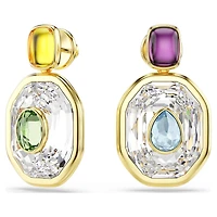 Chroma drop earrings, Asymmetrical design, Octagon cut, Multicoloured, Gold-tone plated by SWAROVSKI
