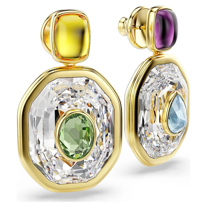 Chroma drop earrings, Asymmetrical design, Octagon cut, Multicoloured, Gold-tone plated by SWAROVSKI