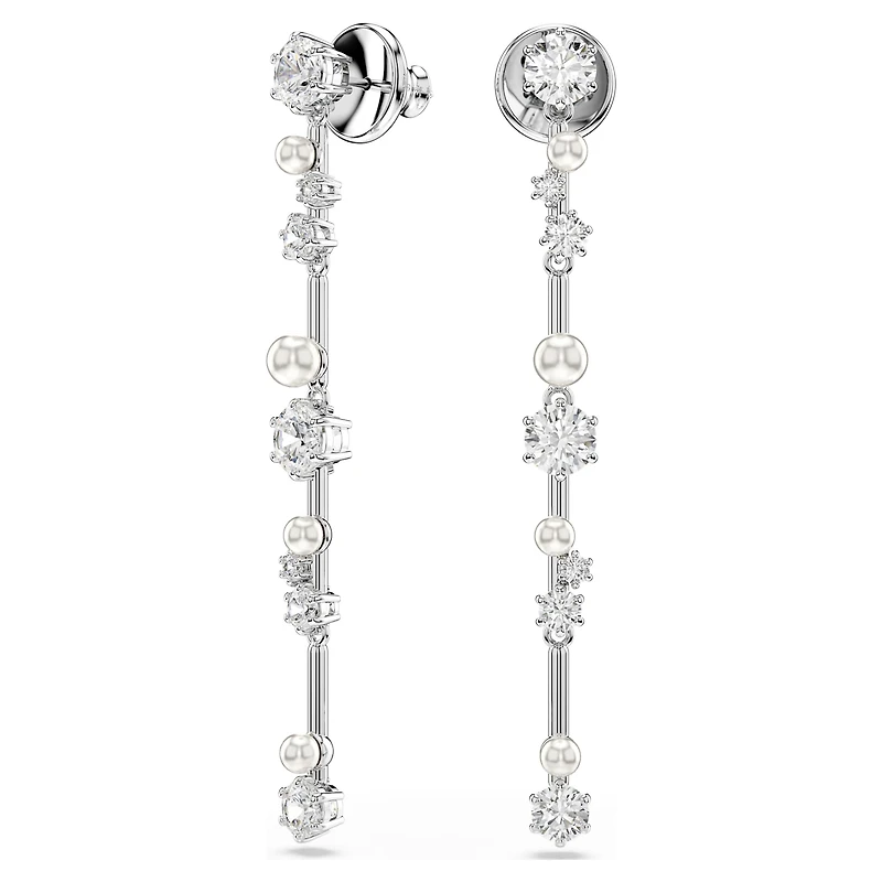 Constella drop earrings, Crystal pearl, Round cuts, White, Rhodium plated by SWAROVSKI