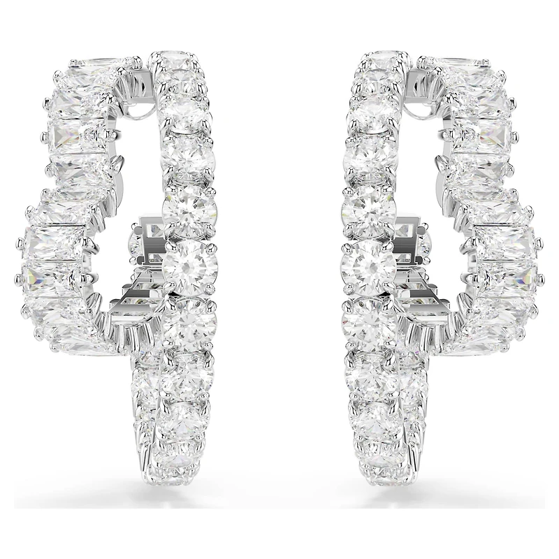 Matrix hoop earrings, Mixed cuts, Heart, White, Rhodium plated by SWAROVSKI