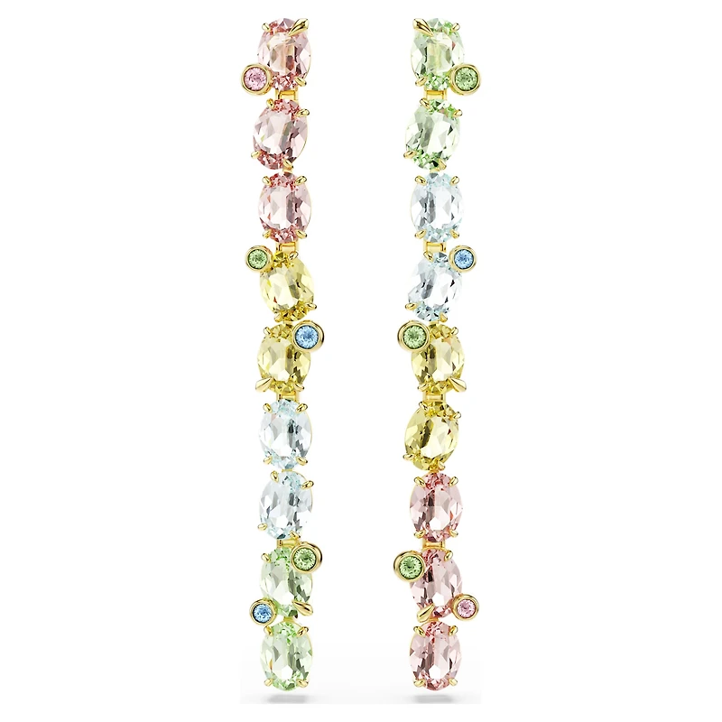 Gema drop earrings, Asymmetrical design, Mixed cuts, Long, Multicoloured, 18K gold finish