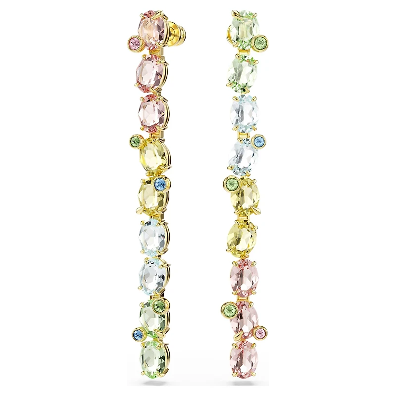 Gema drop earrings, Asymmetrical design, Mixed cuts, Long, Multicoloured, 18K gold finish