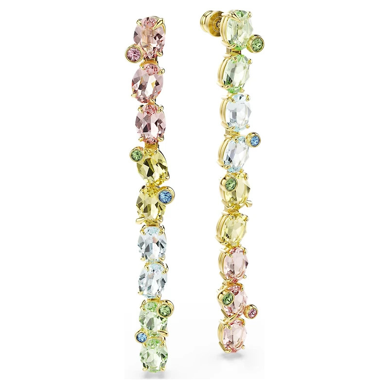 Gema drop earrings, Asymmetrical design, Mixed cuts, Long, Multicoloured, 18K gold finish