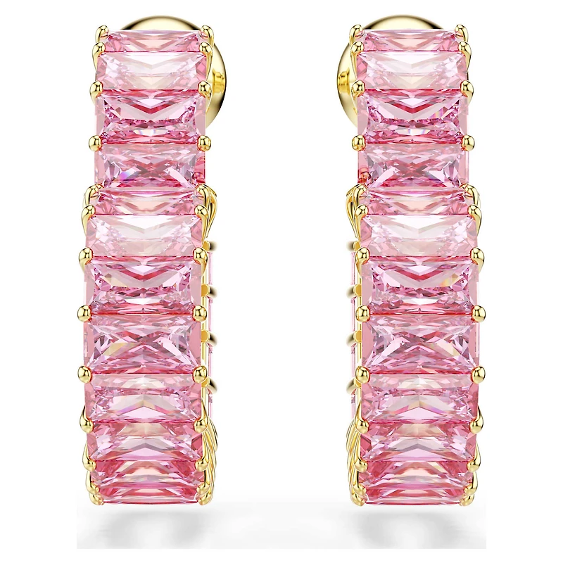 Matrix hoop earrings, Baguette cut, Heart, Small, Pink, 18K gold finish