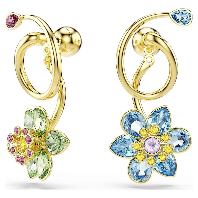 Idyllia drop earrings, Asymmetrical design, Mixed cuts, Flower, Multicoloured, 18K gold finish