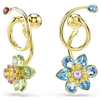 Idyllia drop earrings, Asymmetrical design, Mixed cuts, Flower, Multicoloured, 18K gold finish