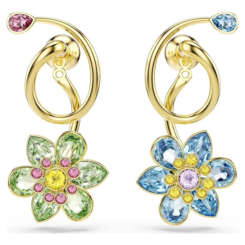 Idyllia drop earrings, Asymmetrical design, Mixed cuts, Flower, Multicoloured, 18K gold finish