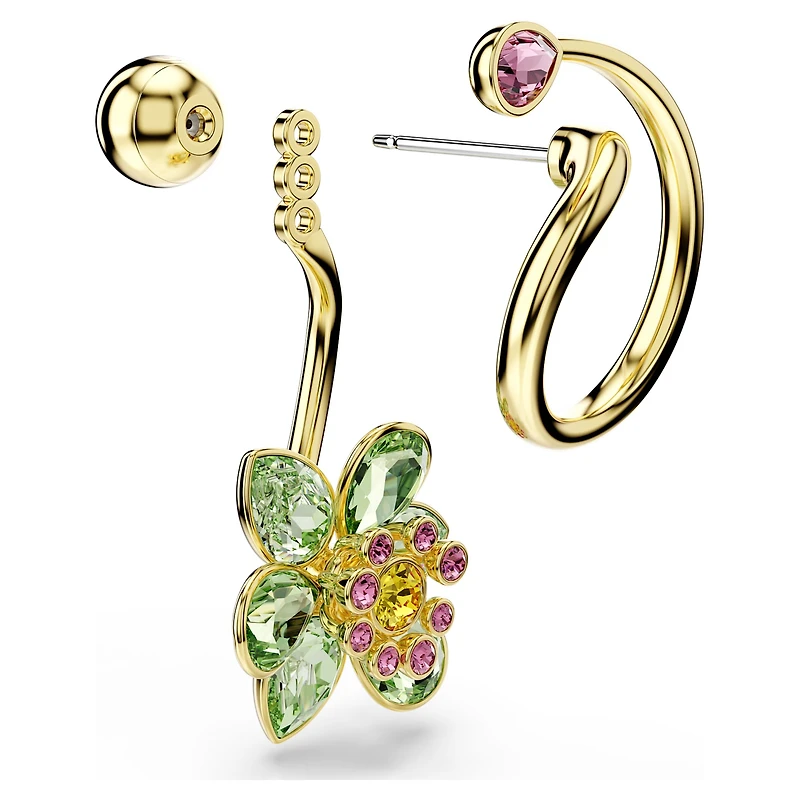 Idyllia drop earrings, Asymmetrical design, Mixed cuts, Flower, Multicoloured, 18K gold finish