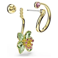 Idyllia drop earrings, Asymmetrical design, Mixed cuts, Flower, Multicoloured, 18K gold finish