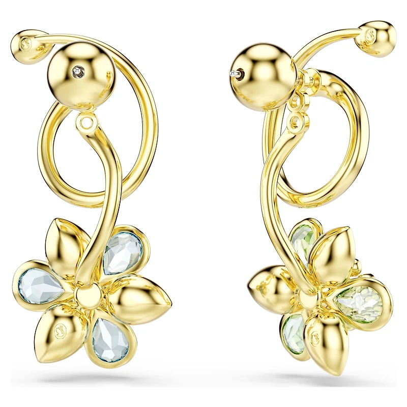 Idyllia drop earrings, Asymmetrical design, Mixed cuts, Flower, Multicoloured, 18K gold finish