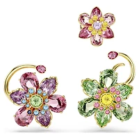 Idyllia ear cuff, Set (3), Asymmetrical design, Mixed cuts, Flower, Multicoloured, 18K gold finish