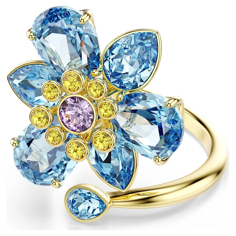 Idyllia open ring, Mixed cuts, Flower, Blue, 18K gold finish