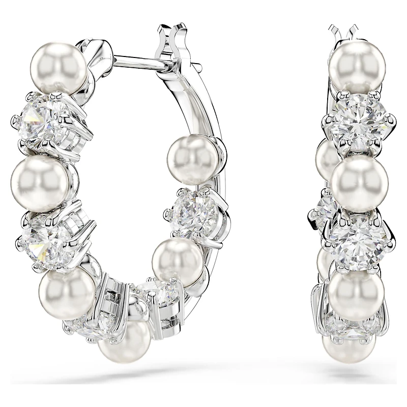 Matrix hoop earrings, Crystal pearl, Round cut, White, Rhodium plated by SWAROVSKI