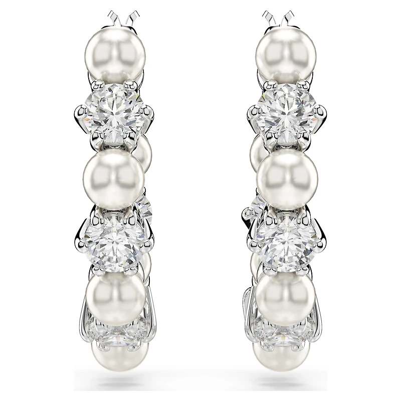 Matrix hoop earrings, Crystal pearl, Round cut, White, Rhodium plated by SWAROVSKI