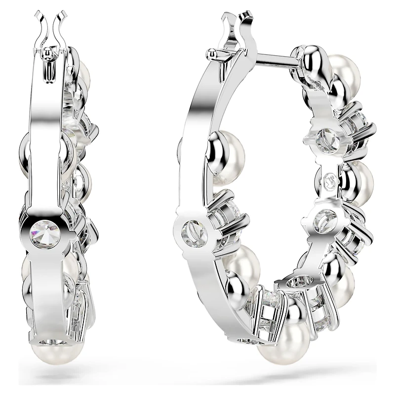 Matrix hoop earrings, Crystal pearl, Round cut, White, Rhodium plated by SWAROVSKI