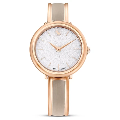 Crystalline bangle watch, Swiss Made, Metal bracelet, Beige, Rose gold-tone finish