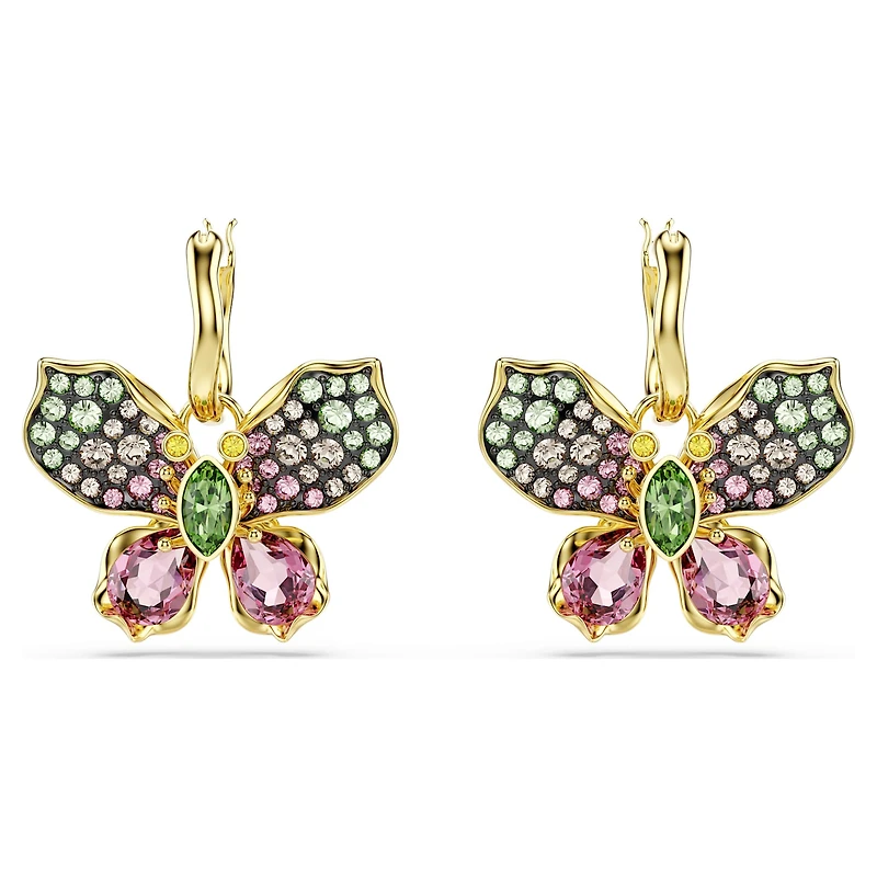 Idyllia drop earrings, Mixed cuts, Pavé, Butterfly, Multicoloured, 18K gold finish