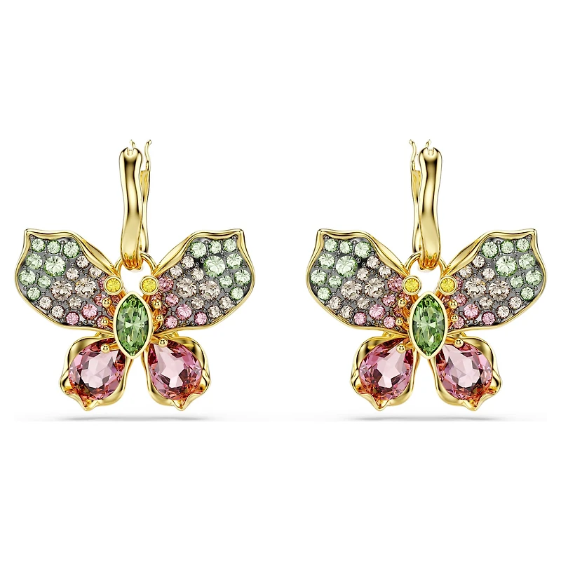 Idyllia drop earrings, Mixed cuts, Pavé, Butterfly, Multicoloured, Gold-tone plated by SWAROVSKI