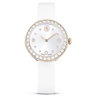 Matrix tennis watch, Swiss Made, Leather strap, White, Champagne gold-tone finish by SWAROVSKI