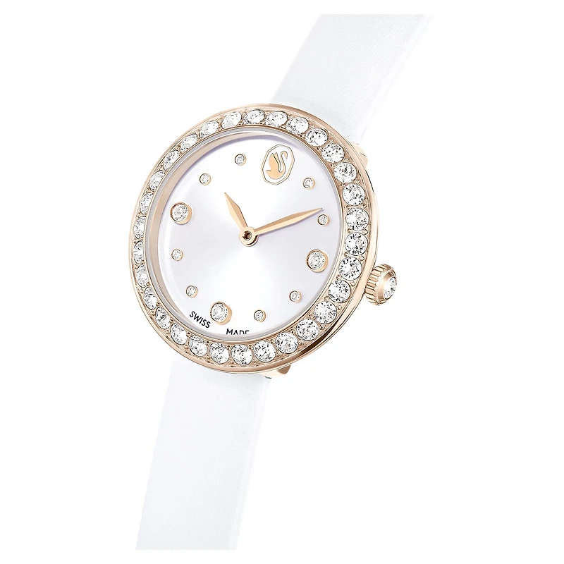 Matrix tennis watch, Swiss Made, Leather strap, White, Champagne gold-tone finish by SWAROVSKI