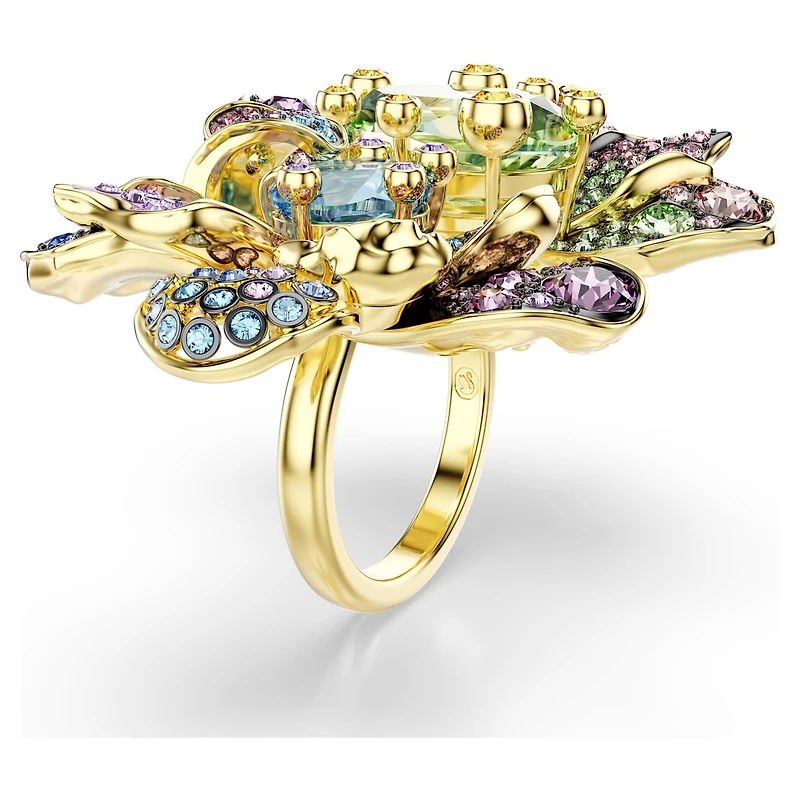 Idyllia ring, Mixed cuts, Pavé, Flower, Multicoloured, 18K gold finish