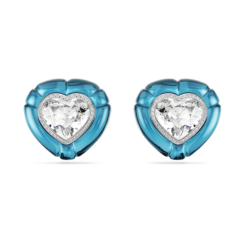 Dulcis clip earrings, Heart cut, Pavé, Heart, Blue, Rhodium plated by SWAROVSKI