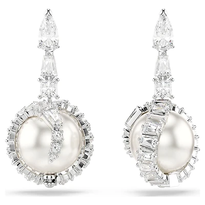 Snake drop earrings, Crystal pearl, Mixed cuts, Year of the Snake, White, Rhodium plated