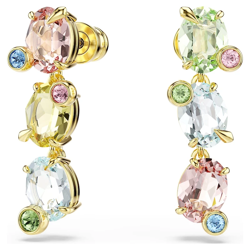 Gema drop earrings, Asymmetrical design, Mixed cuts, Multicoloured, 18K gold finish