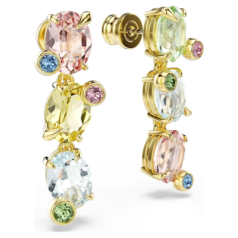 Gema drop earrings, Asymmetrical design, Mixed cuts, Multicoloured, 18K gold finish
