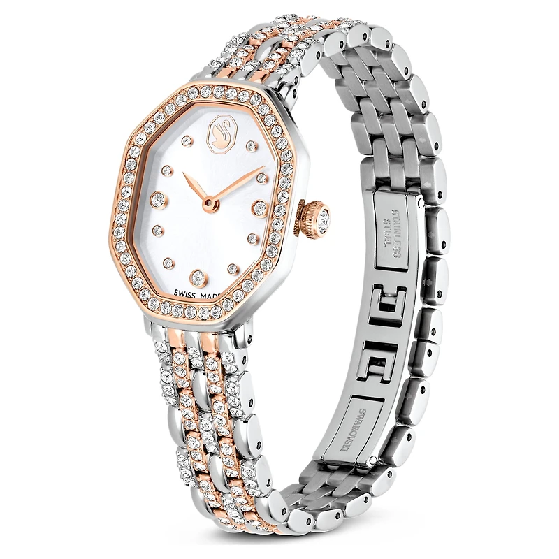 Dextera octagon watch, Swiss Made, Metal bracelet, Silver Tone, Rose gold-tone finish by SWAROVSKI