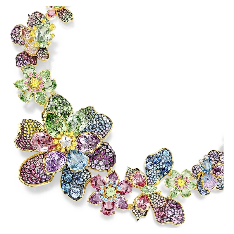 Idyllia necklace, Mixed cuts, Pavé, Flower, Multicoloured, 18K gold finish
