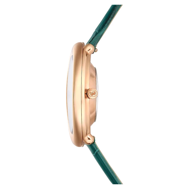 Imber oval watch, Swiss Made, Leather strap, Green, Rose gold-tone finish by SWAROVSKI