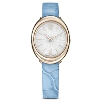 Imber oval watch, Swiss Made, Leather strap, Blue, Champagne gold-tone finish by SWAROVSKI