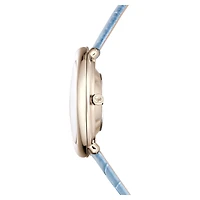 Imber oval watch, Swiss Made, Leather strap, Blue, Champagne gold-tone finish by SWAROVSKI