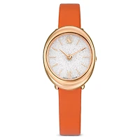 Imber oval watch, Swiss Made, Leather strap, Orange, Rose gold-tone finish by SWAROVSKI