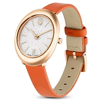 Imber oval watch, Swiss Made, Leather strap, Orange, Rose gold-tone finish by SWAROVSKI