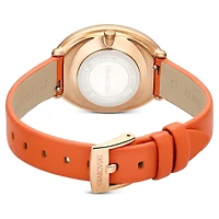 Imber oval watch, Swiss Made, Leather strap, Orange, Rose gold-tone finish by SWAROVSKI