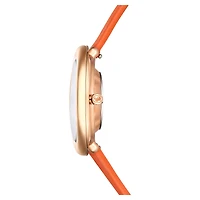 Imber oval watch, Swiss Made, Leather strap, Orange, Rose gold-tone finish by SWAROVSKI