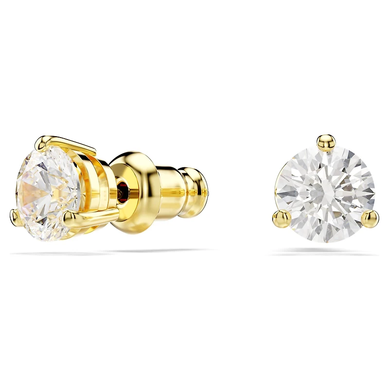 Solitaire stud earrings, Round cut, White, 18K gold finish