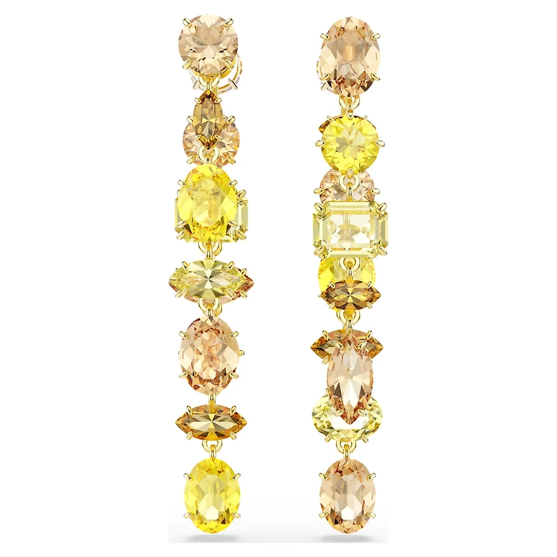 Gema drop earrings, Asymmetrical design, Mixed cuts, Long, Yellow, 18K gold finish