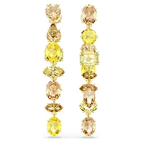 Gema drop earrings, Asymmetrical design, Mixed cuts, Long, Yellow, 18K gold finish