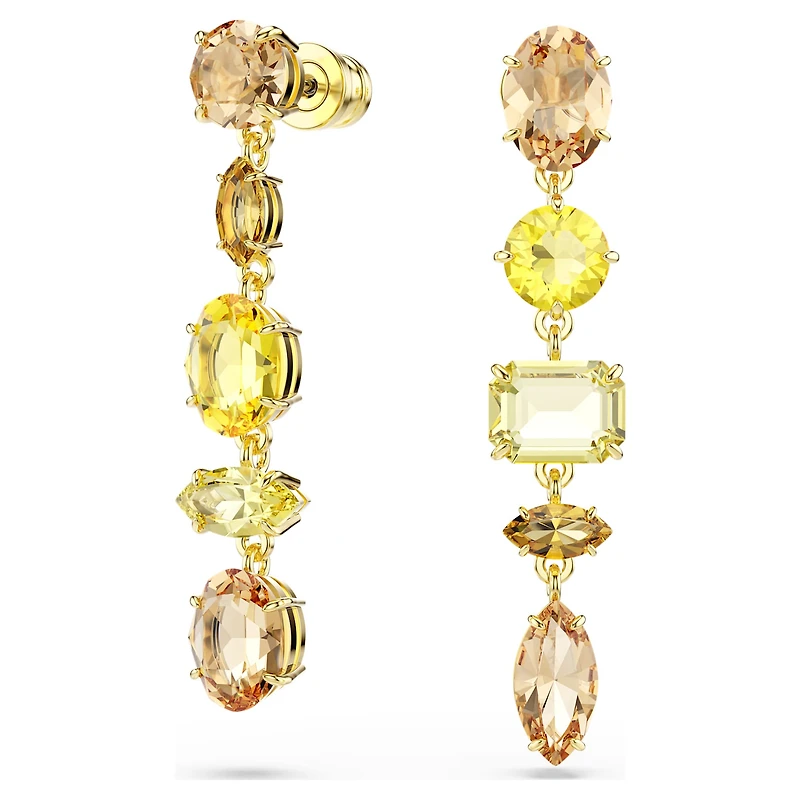 Gema drop earrings, Asymmetrical design, Mixed cuts, Long, Yellow, 18K gold finish