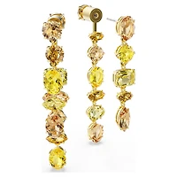Gema drop earrings, Asymmetrical design, Mixed cuts, Long, Yellow, 18K gold finish