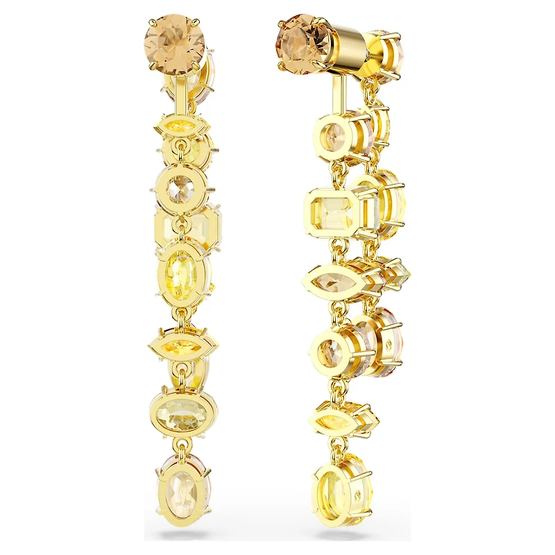 Gema drop earrings, Asymmetrical design, Mixed cuts, Long, Yellow, 18K gold finish