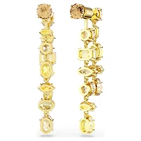 Gema drop earrings, Asymmetrical design, Mixed cuts, Long, Yellow, 18K gold finish