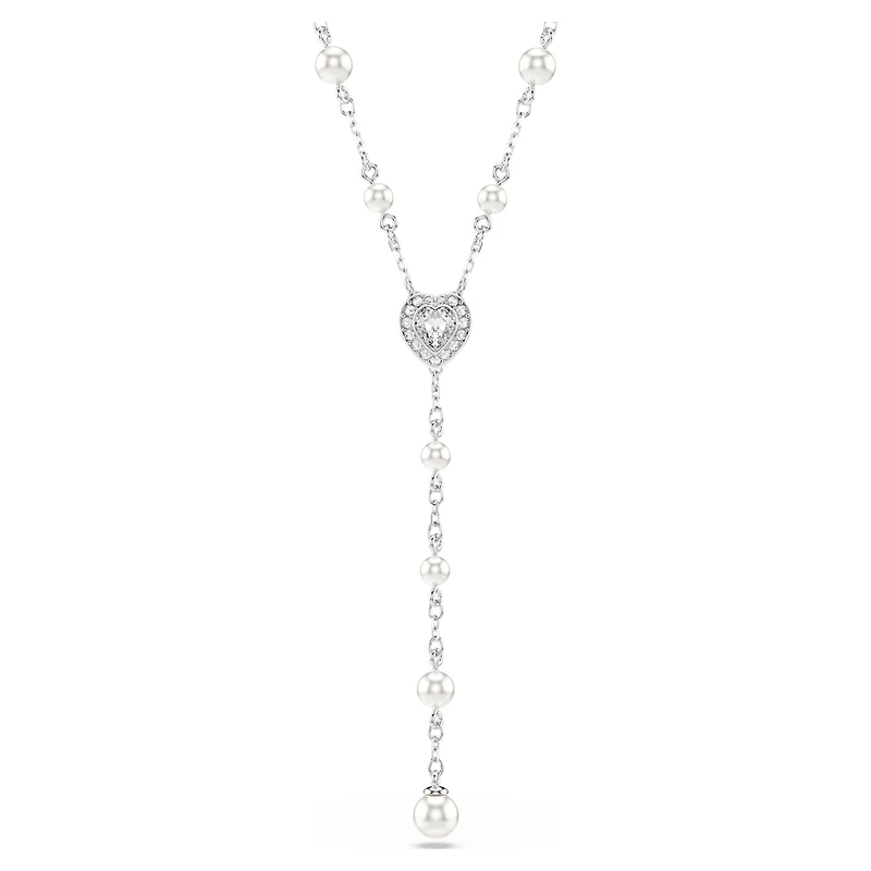 Ariana Grande x Swarovski Y necklace, Mixed cuts, Crystal pearl, Heart, White, Rhodium plated by SWAROVSKI