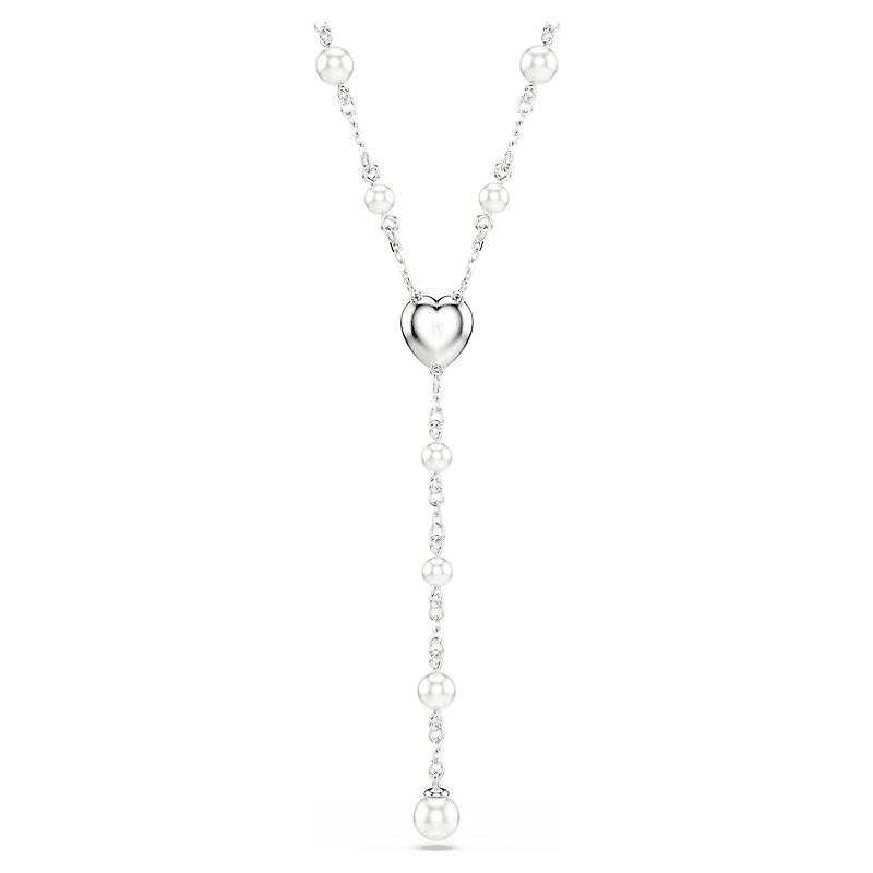 Ariana Grande x Swarovski Y necklace, Mixed cuts, Crystal pearl, Heart, White, Rhodium plated by SWAROVSKI
