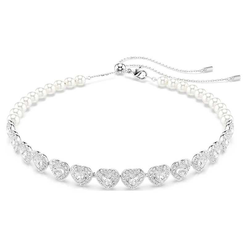 Ariana Grande x Swarovski choker, Mixed cuts, Crystal pearl, Heart, White, Rhodium plated by SWAROVSKI